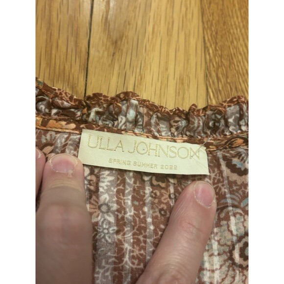 ULLA JOHNSON Manet Ruffled Floral Print Cotton Peasant Blouse Brown Rosebud 4 - Picture 5 of 8